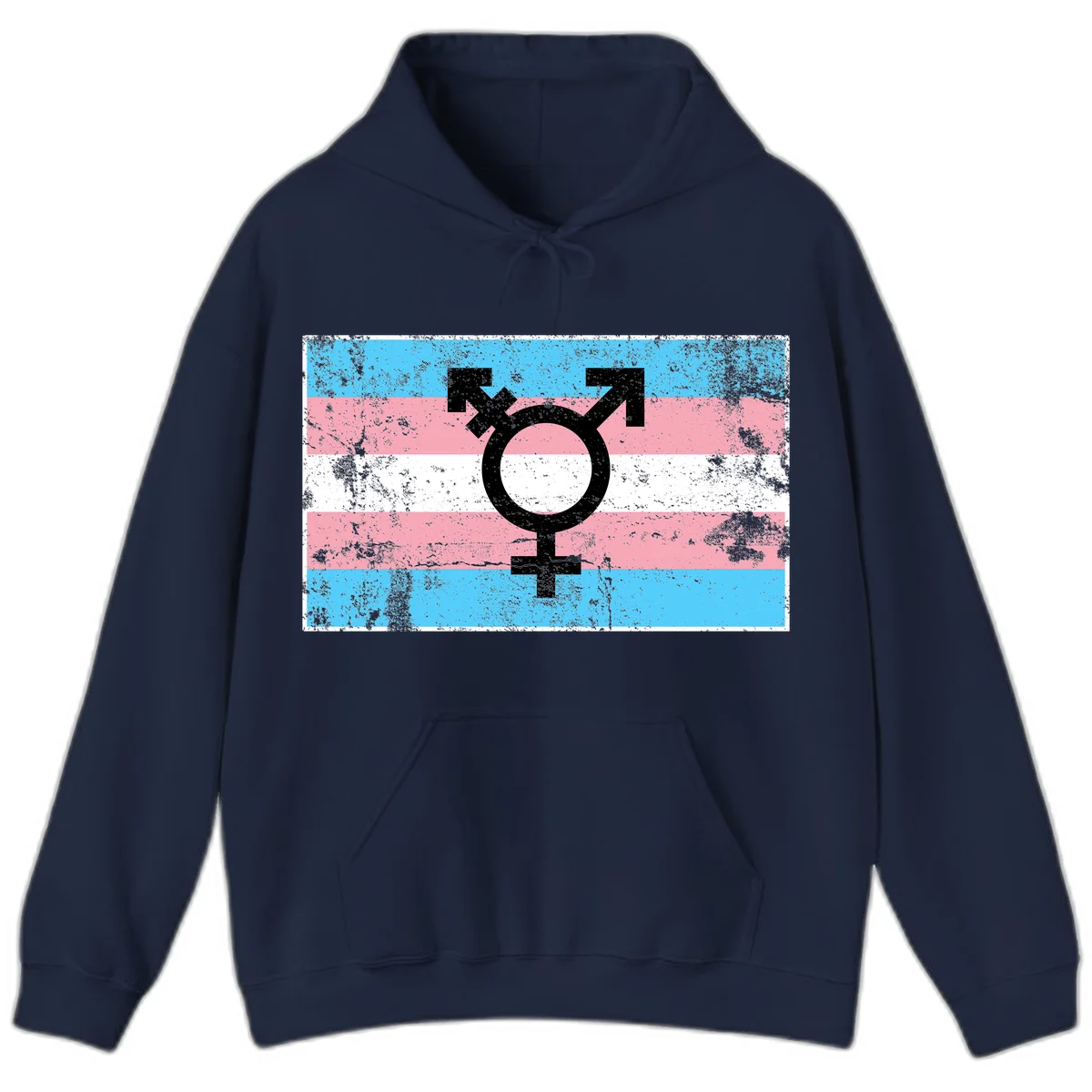 Transgender pride symbol with male and female combined icon on cyan, pink, and white striped distressed flag background in Navy