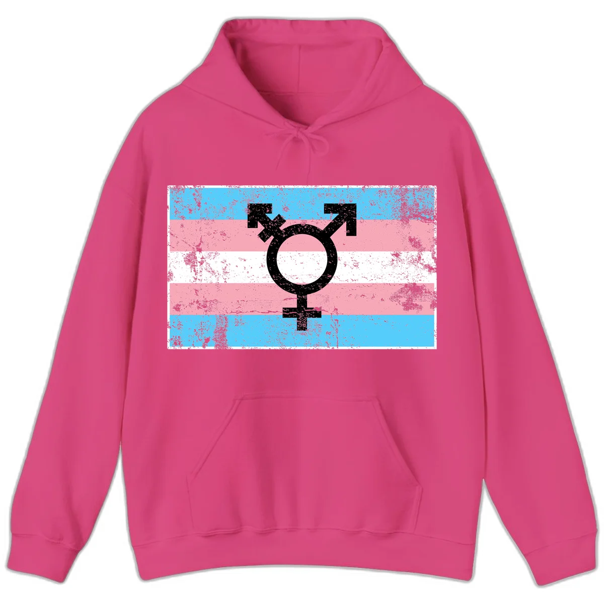 Transgender pride symbol with male and female combined icon on cyan, pink, and white striped distressed flag background in Heliconia