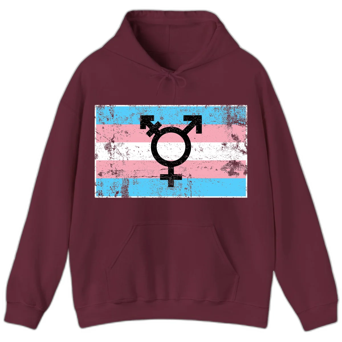 Transgender pride symbol with male and female combined icon on cyan, pink, and white striped distressed flag background in Maroon
