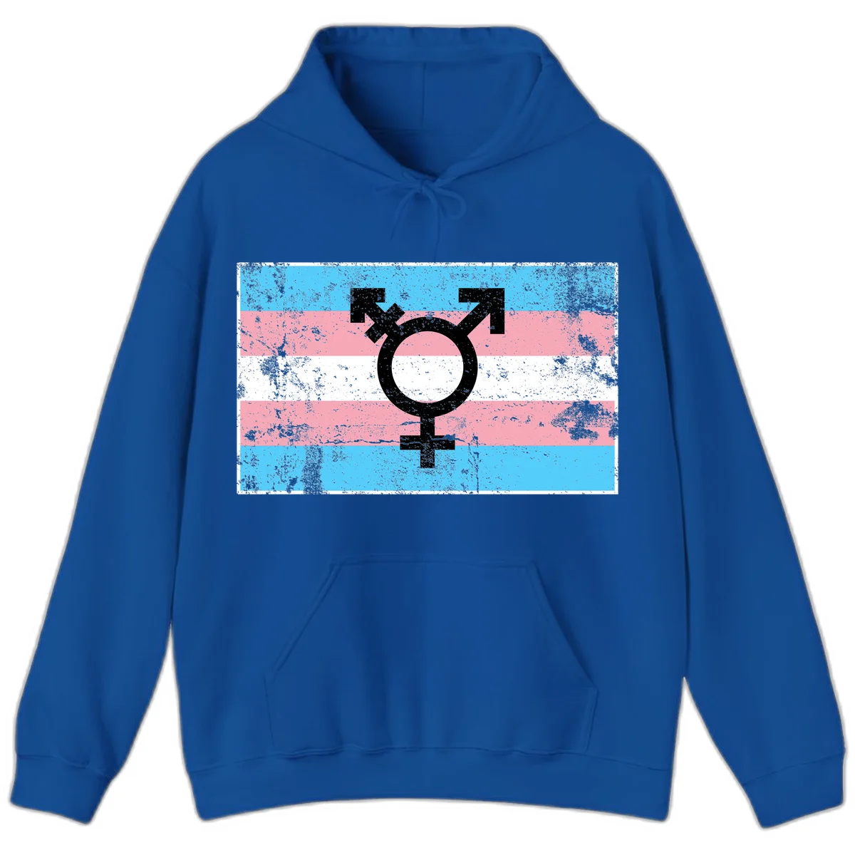 Transgender pride symbol with male and female combined icon on cyan, pink, and white striped distressed flag background in Royal