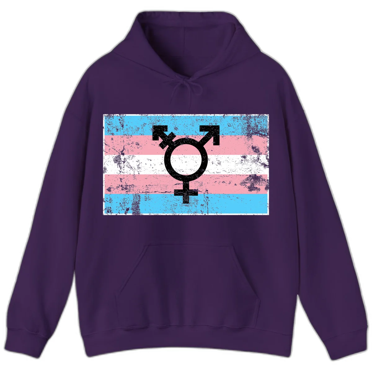 Transgender pride symbol with male and female combined icon on cyan, pink, and white striped distressed flag background in Purple