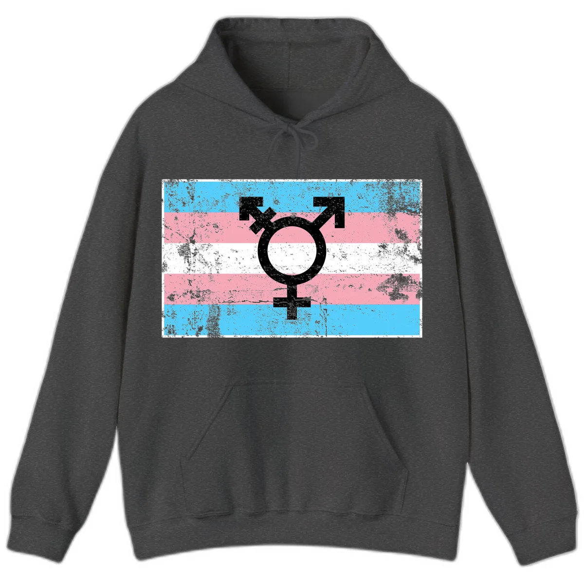 Transgender pride symbol with male and female combined icon on cyan, pink, and white striped distressed flag background in Dark Heather