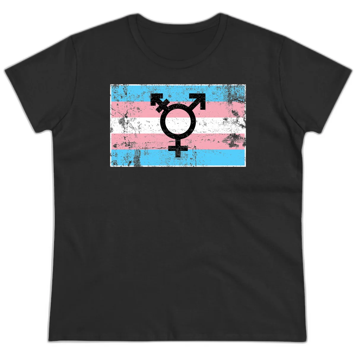 Transgender pride symbol with male and female combined icon on cyan, pink, and white striped distressed flag background in Black