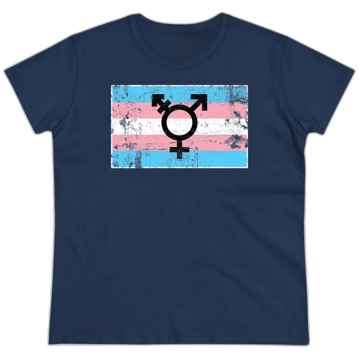 Transgender pride symbol with male and female combined icon on cyan, pink, and white striped distressed flag background in Navy