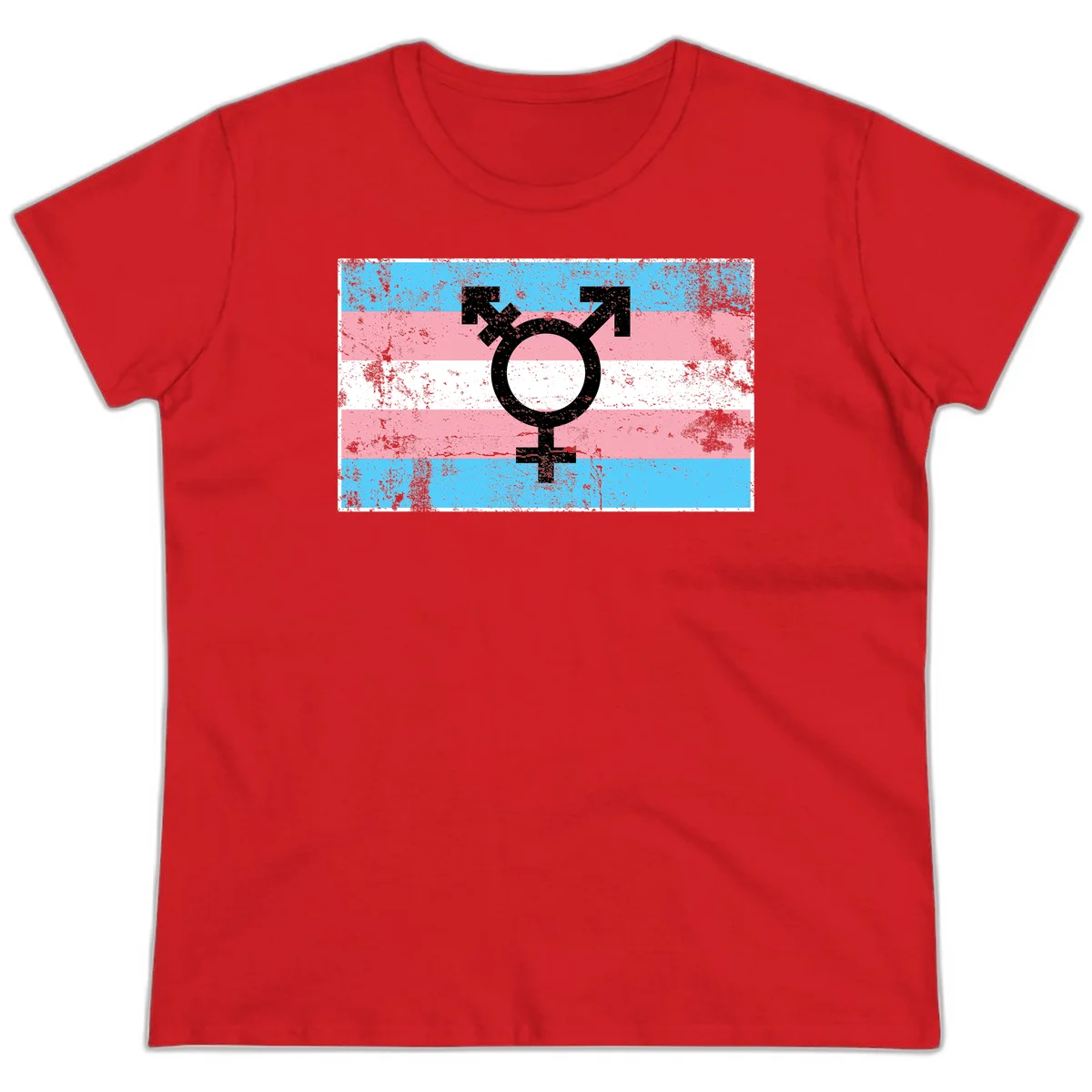 Transgender pride symbol with male and female combined icon on cyan, pink, and white striped distressed flag background in Red