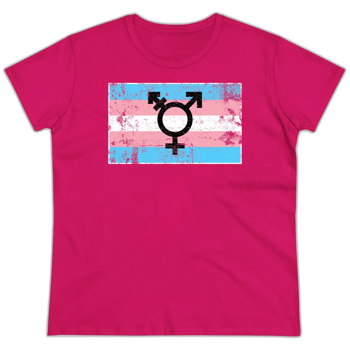Transgender pride symbol with male and female combined icon on cyan, pink, and white striped distressed flag background in Heliconia