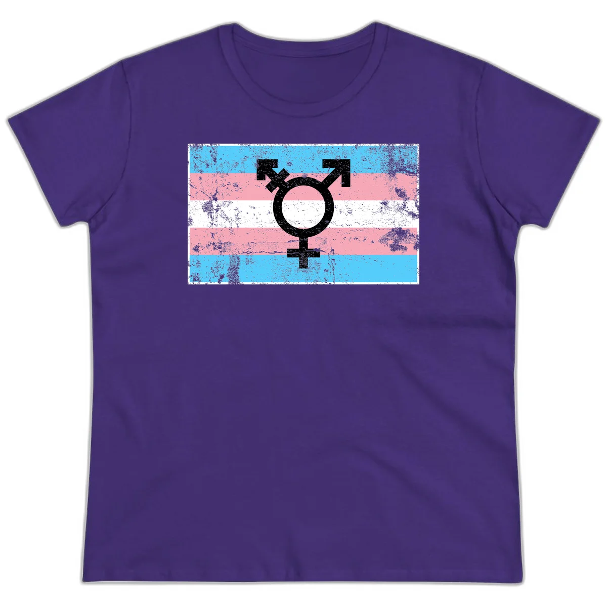 Transgender pride symbol with male and female combined icon on cyan, pink, and white striped distressed flag background in Purple