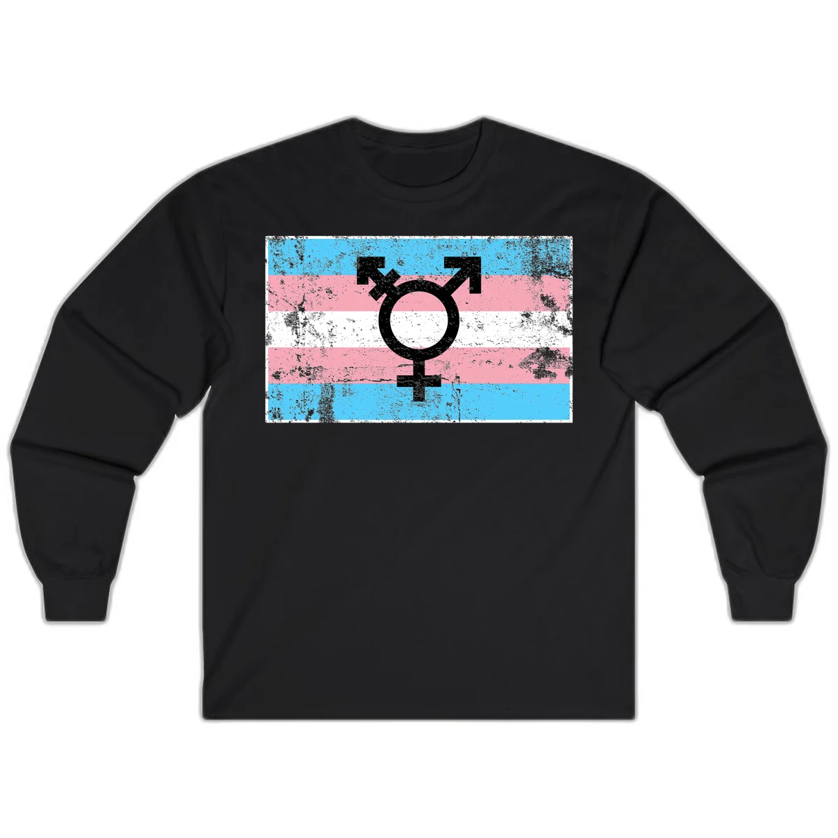 Transgender pride symbol with male and female combined icon on cyan, pink, and white striped distressed flag background in Black