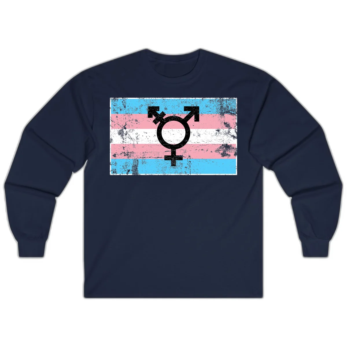 Transgender pride symbol with male and female combined icon on cyan, pink, and white striped distressed flag background in Navy