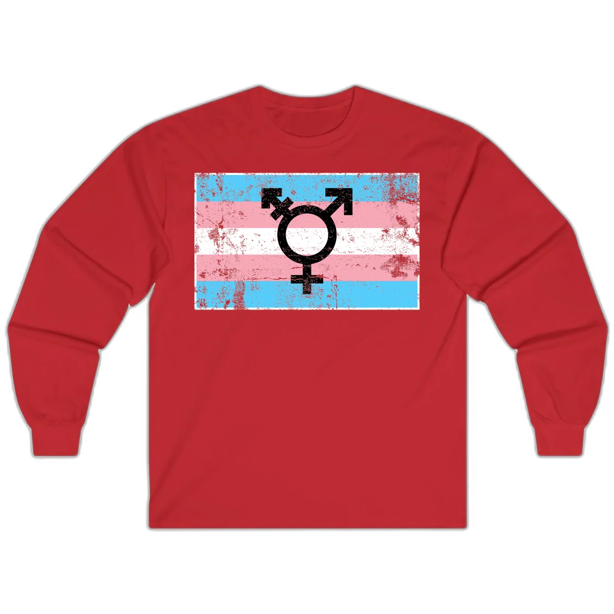 Transgender pride symbol with male and female combined icon on cyan, pink, and white striped distressed flag background in Red