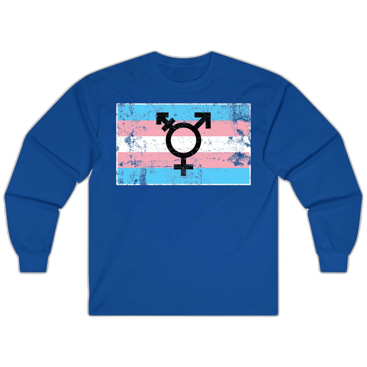 Transgender pride symbol with male and female combined icon on cyan, pink, and white striped distressed flag background in Royal