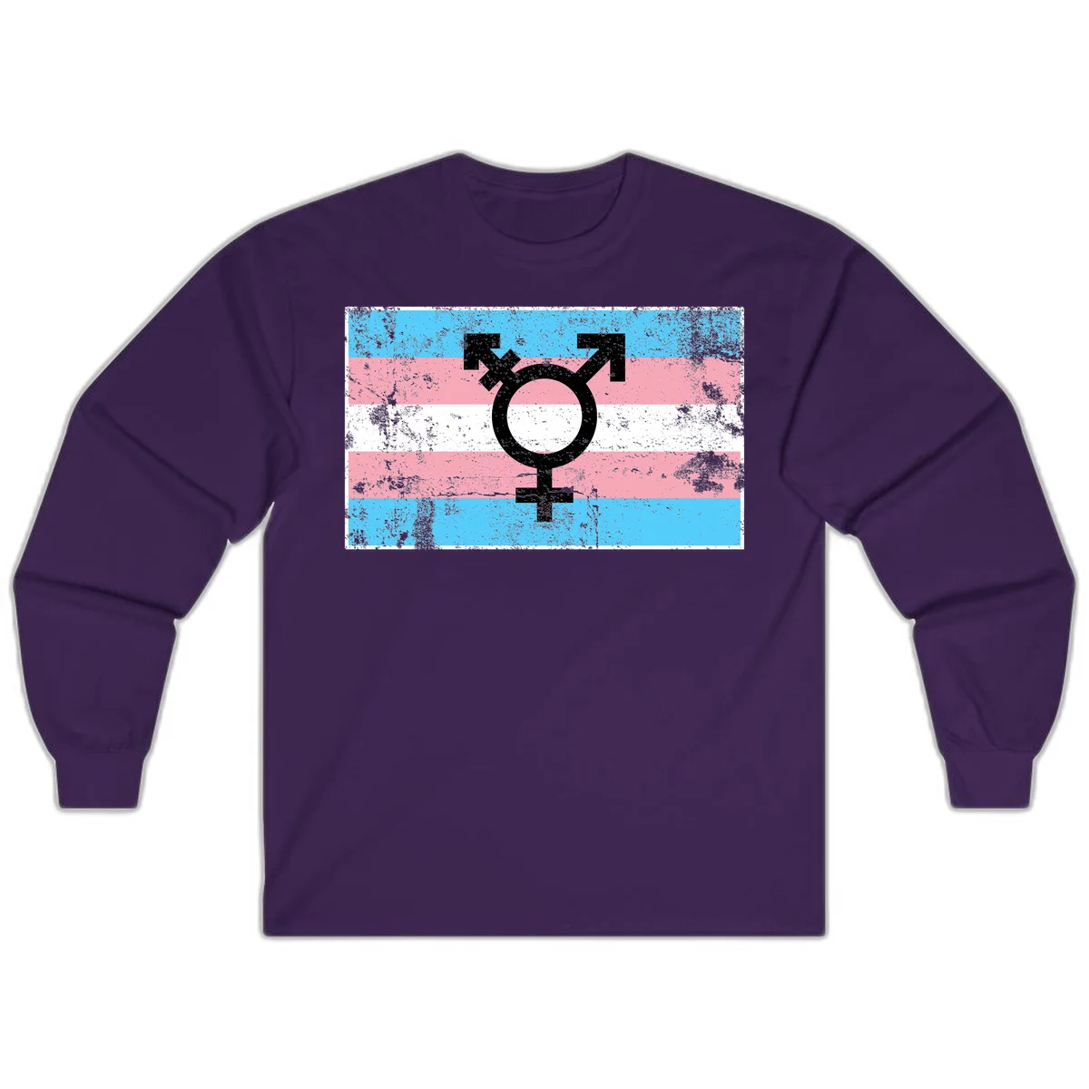 Transgender pride symbol with male and female combined icon on cyan, pink, and white striped distressed flag background in Purple
