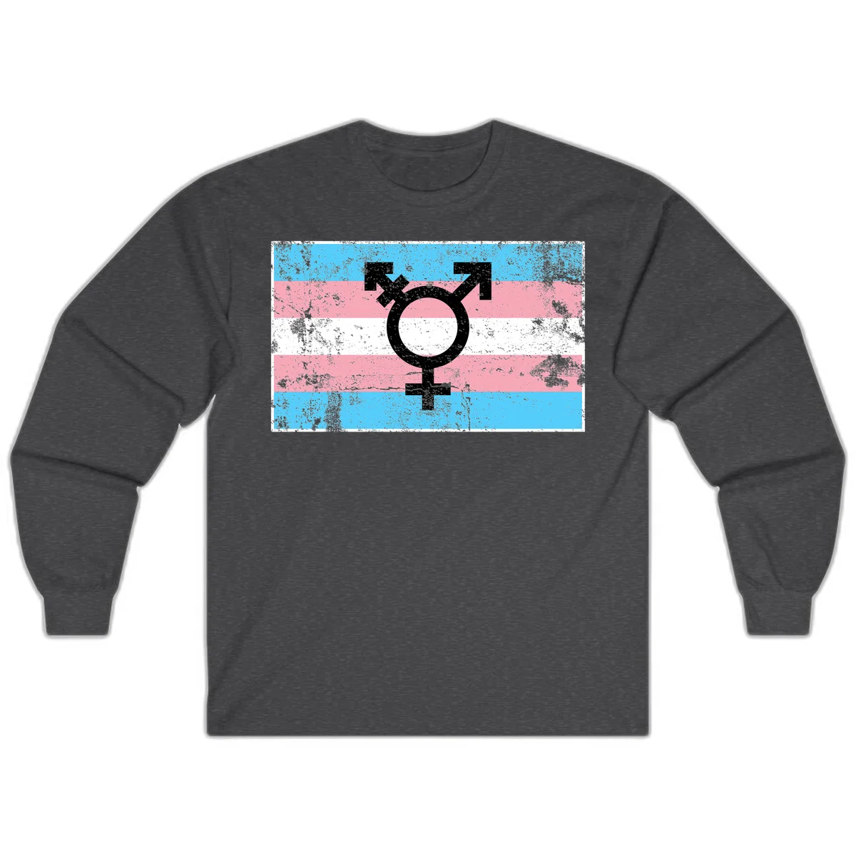 Transgender pride symbol with male and female combined icon on cyan, pink, and white striped distressed flag background in Dark Heather