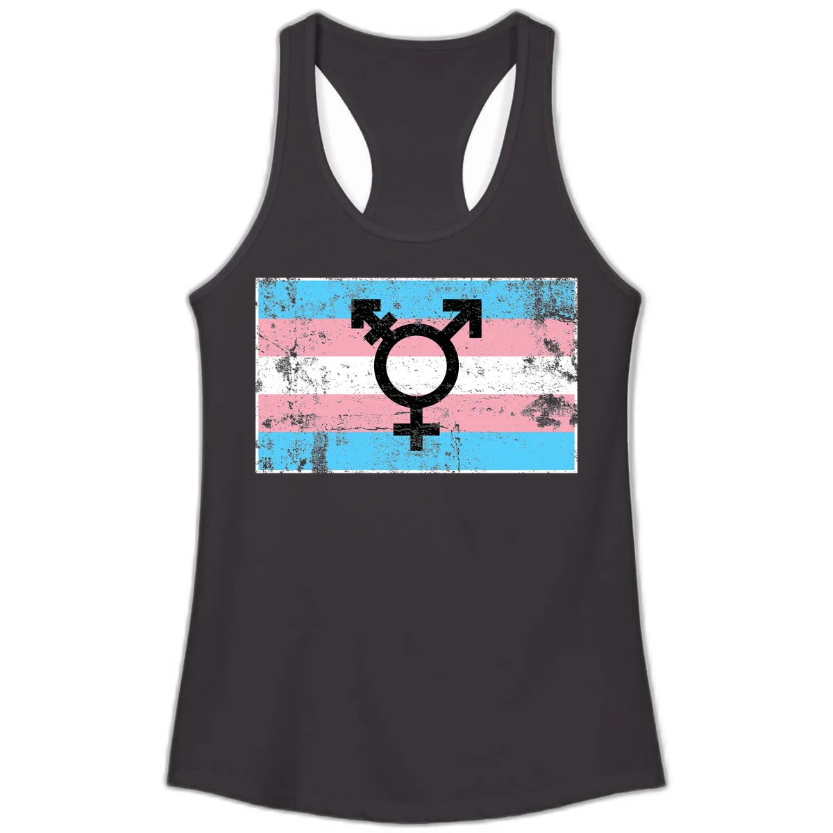 Transgender pride symbol with male and female combined icon on cyan, pink, and white striped distressed flag background in Black