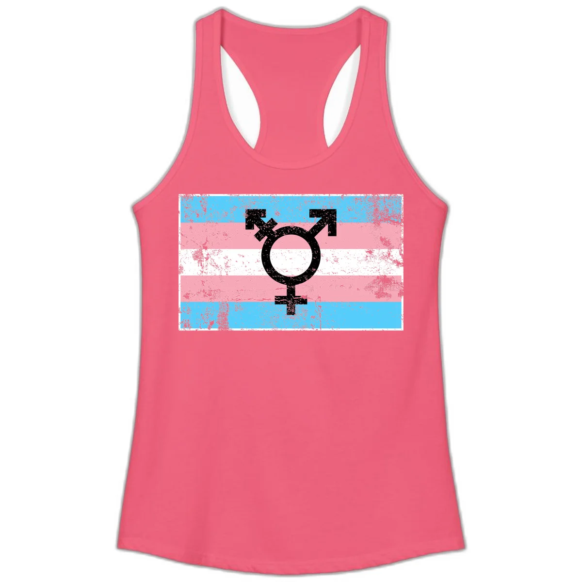 Transgender pride symbol with male and female combined icon on cyan, pink, and white striped distressed flag background in Hot Pink
