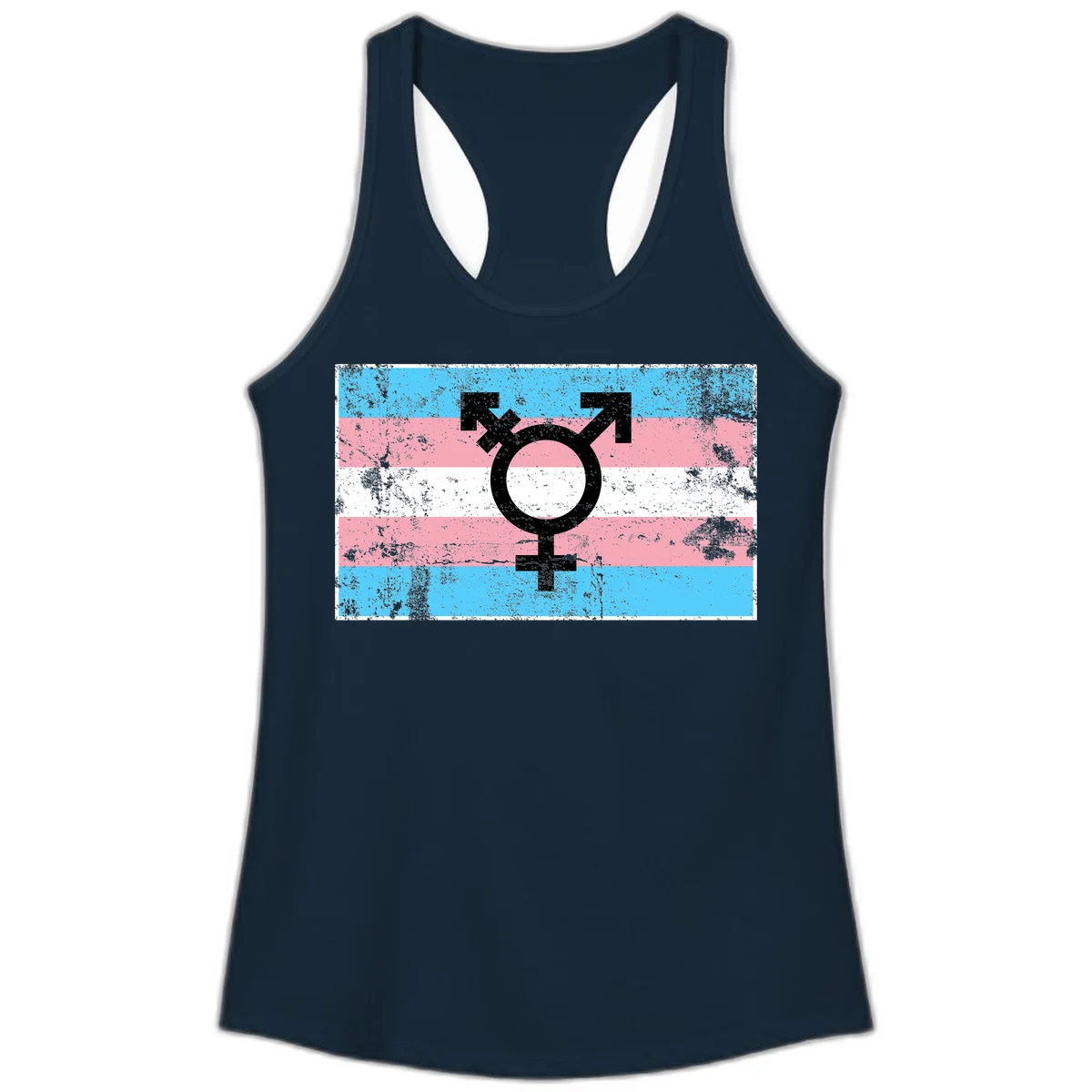 Transgender pride symbol with male and female combined icon on cyan, pink, and white striped distressed flag background in Solid Midnight Navy