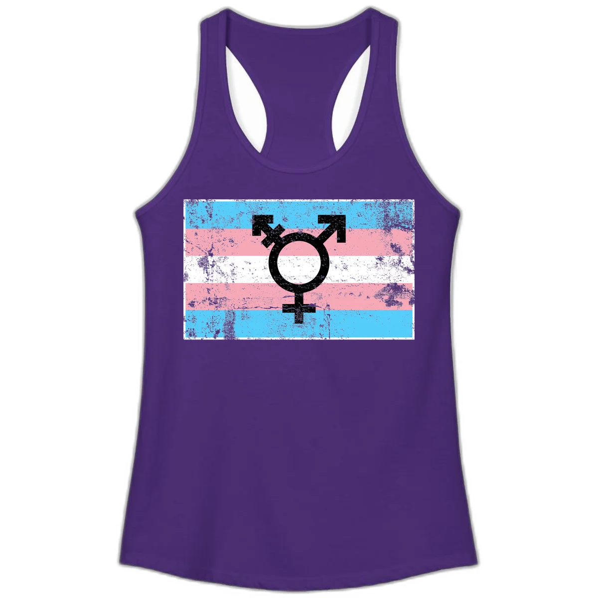 Transgender pride symbol with male and female combined icon on cyan, pink, and white striped distressed flag background in Solid Purple Rush