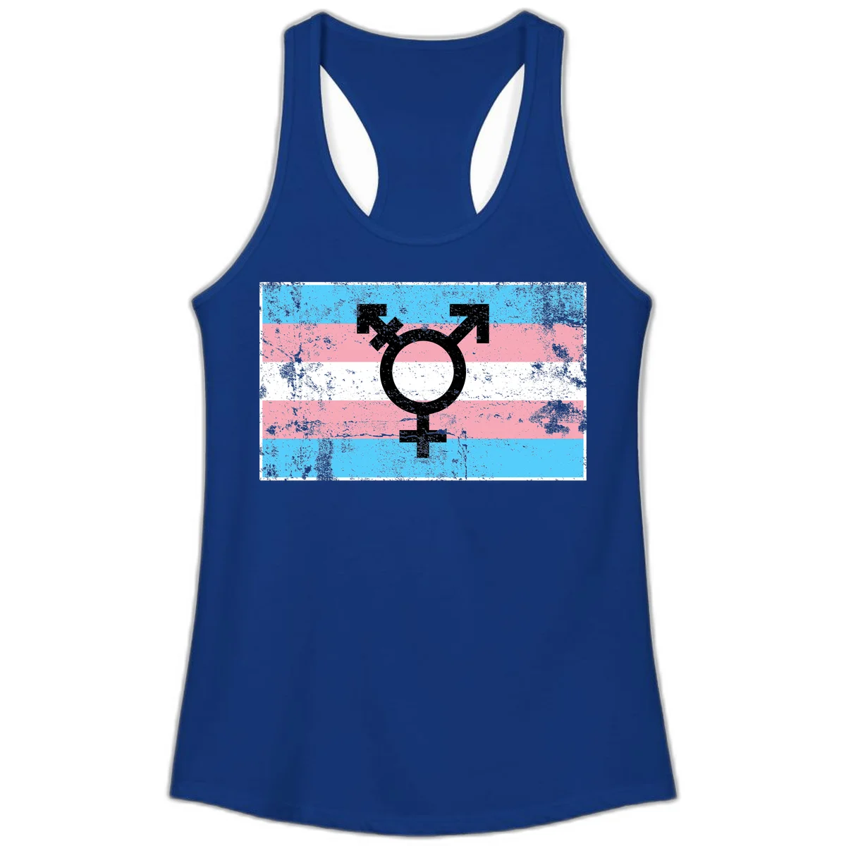 Transgender pride symbol with male and female combined icon on cyan, pink, and white striped distressed flag background in Solid Royal