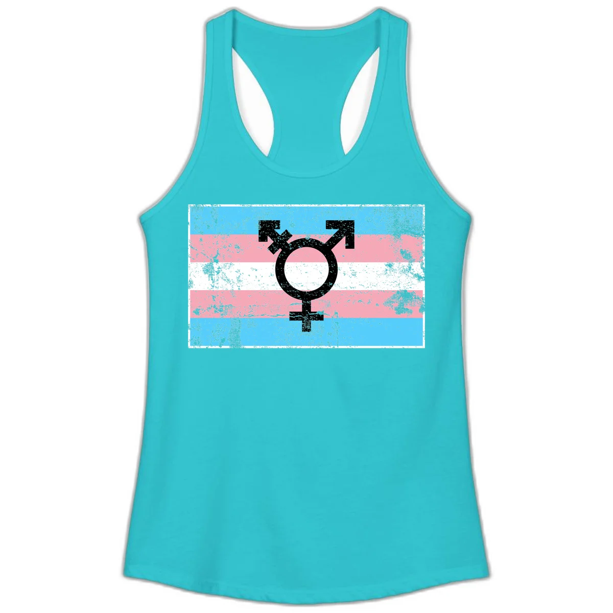 Transgender pride symbol with male and female combined icon on cyan, pink, and white striped distressed flag background in Solid Tahiti Blue