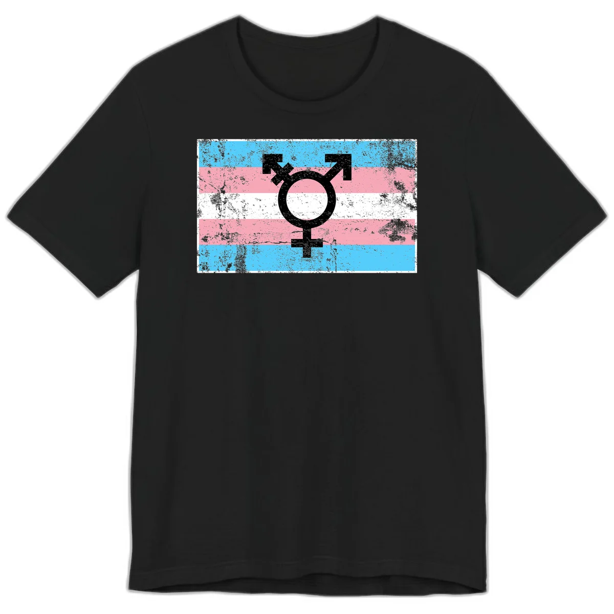 Transgender pride symbol with male and female combined icon on cyan, pink, and white striped distressed flag background in Black