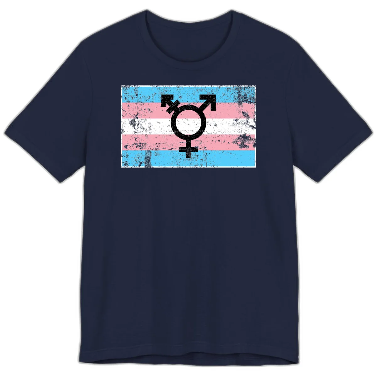 Transgender pride symbol with male and female combined icon on cyan, pink, and white striped distressed flag background in Navy