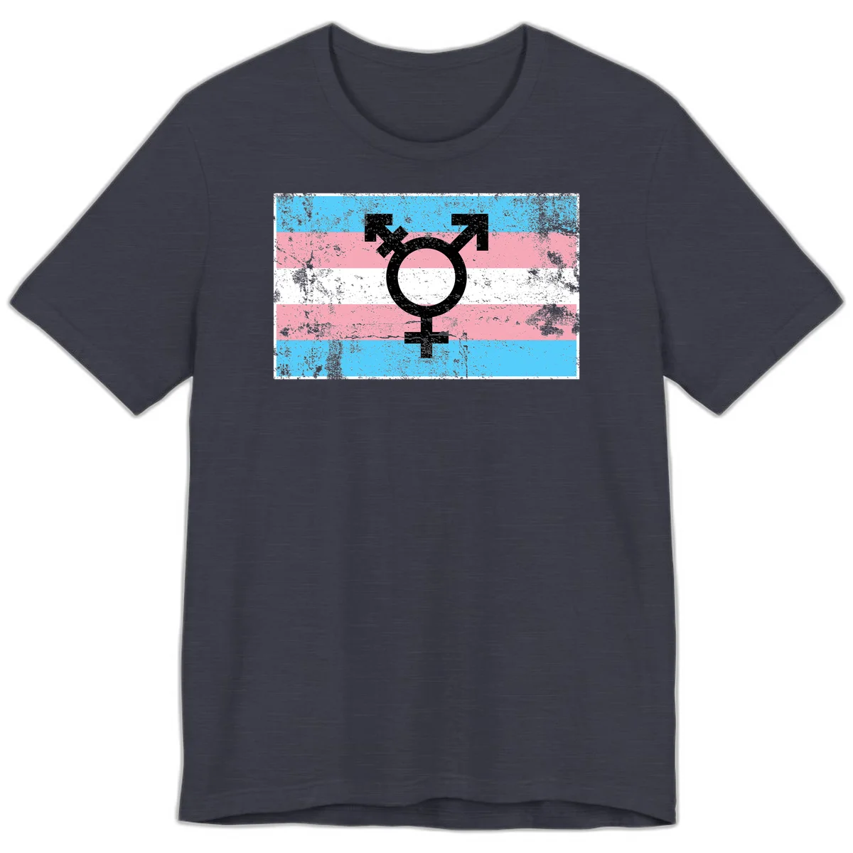 Transgender pride symbol with male and female combined icon on cyan, pink, and white striped distressed flag background in Heather Midnight Navy