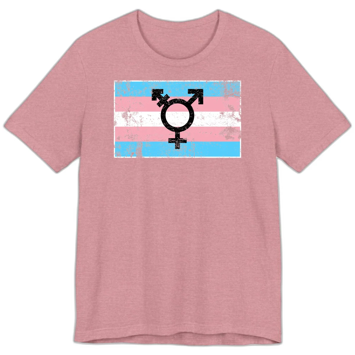 Transgender pride symbol with male and female combined icon on cyan, pink, and white striped distressed flag background in Heather Orchid