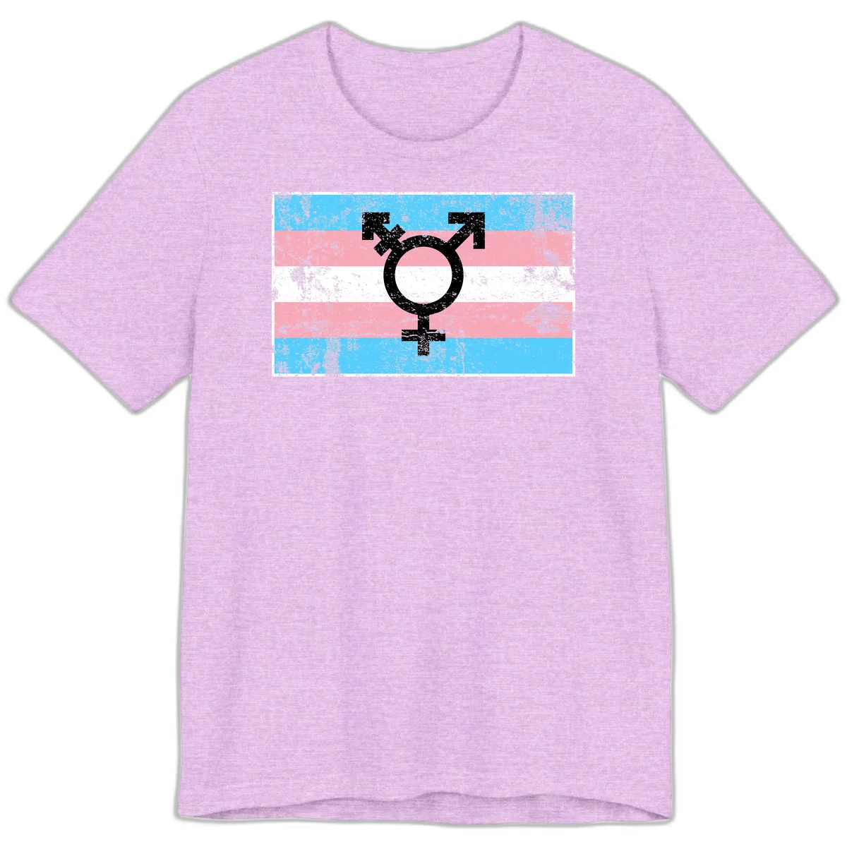 Transgender pride symbol with male and female combined icon on cyan, pink, and white striped distressed flag background in Heather Prism Lilac