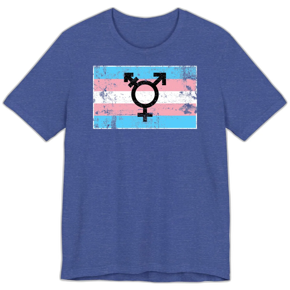 Transgender pride symbol with male and female combined icon on cyan, pink, and white striped distressed flag background in Heather True Royal