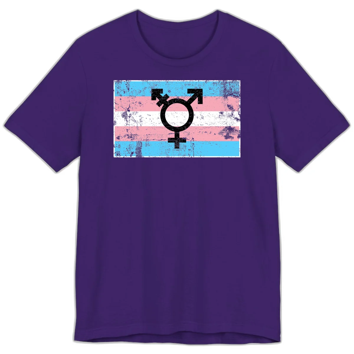 Transgender pride symbol with male and female combined icon on cyan, pink, and white striped distressed flag background in Team Purple