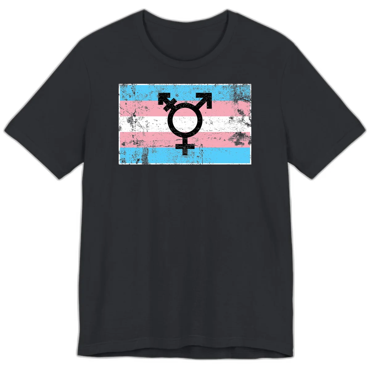 Transgender pride symbol with male and female combined icon on cyan, pink, and white striped distressed flag background in Vintage Black