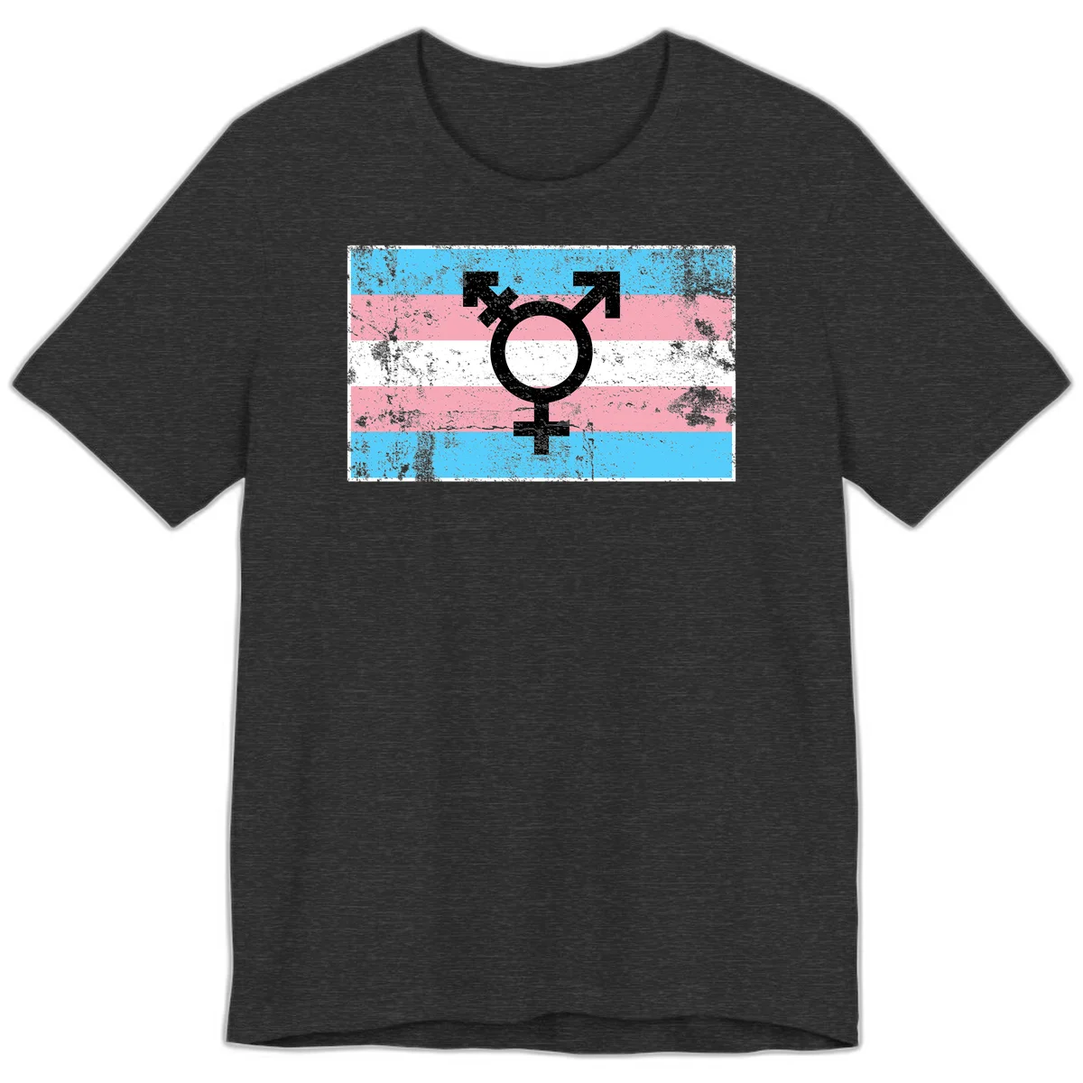 Transgender pride symbol with male and female combined icon on cyan, pink, and white striped distressed flag background in Dark Grey Heather