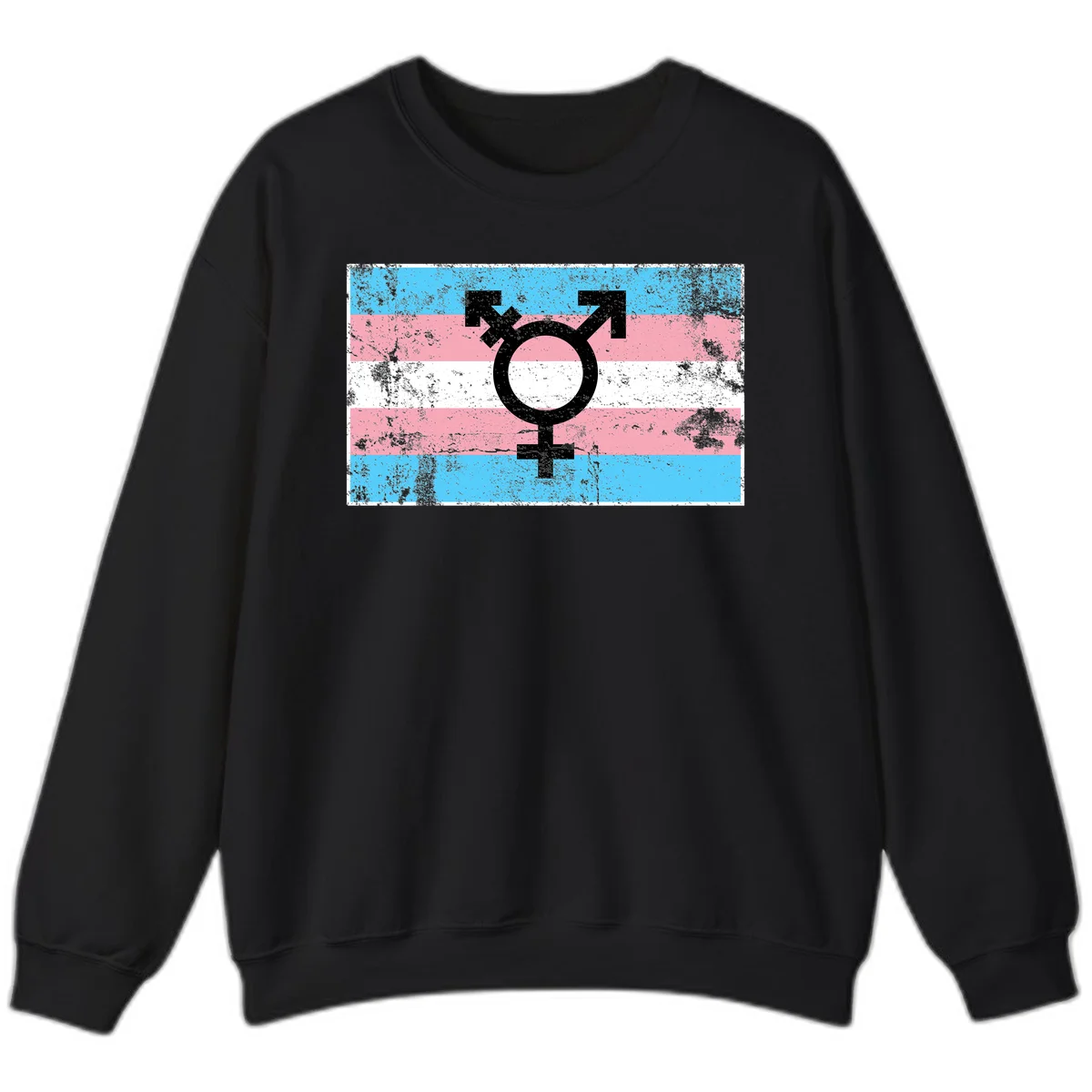 Transgender pride symbol with male and female combined icon on cyan, pink, and white striped distressed flag background in Black