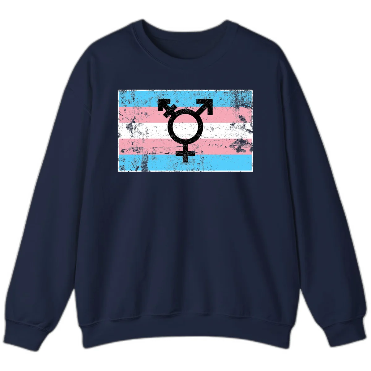 Transgender pride symbol with male and female combined icon on cyan, pink, and white striped distressed flag background in Navy