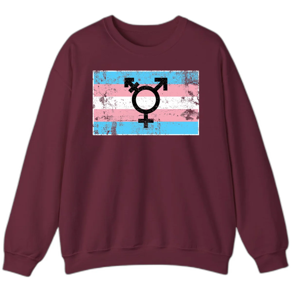 Transgender pride symbol with male and female combined icon on cyan, pink, and white striped distressed flag background in Maroon