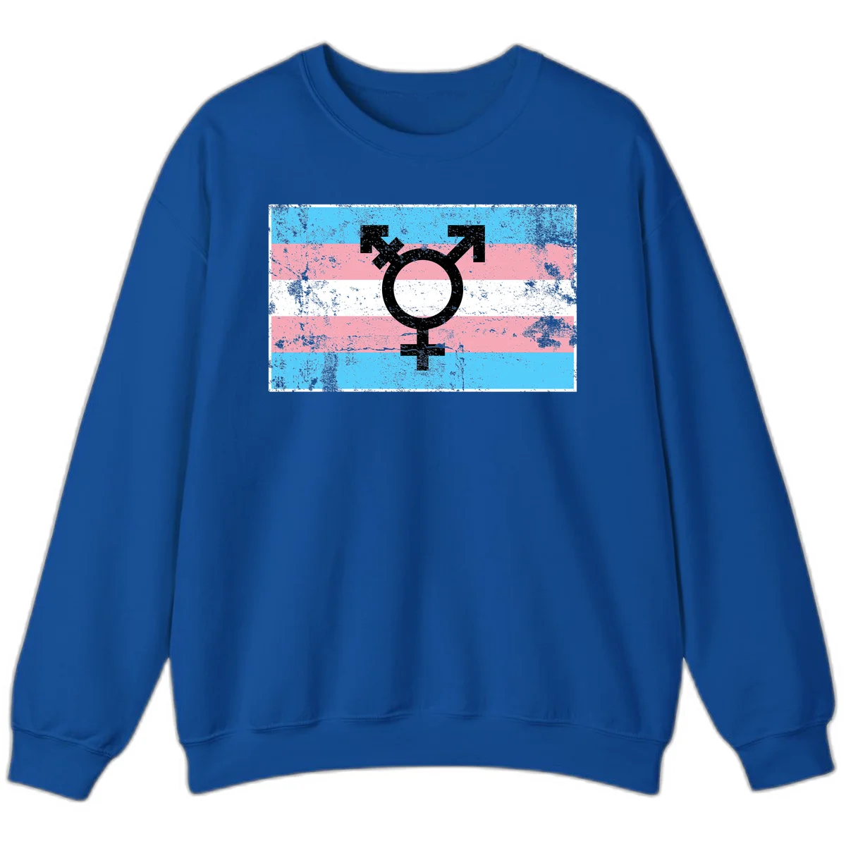 Transgender pride symbol with male and female combined icon on cyan, pink, and white striped distressed flag background in Royal