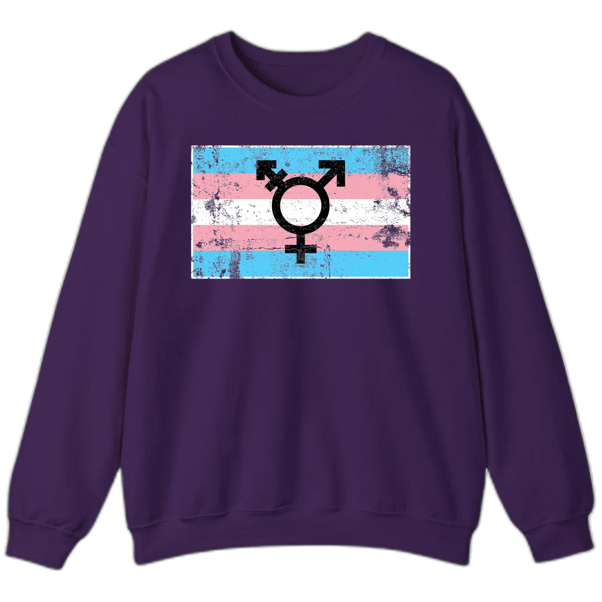 Transgender pride symbol with male and female combined icon on cyan, pink, and white striped distressed flag background in Purple