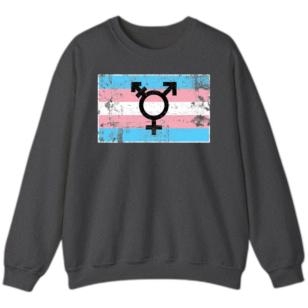 Transgender pride symbol with male and female combined icon on cyan, pink, and white striped distressed flag background in Dark Heather