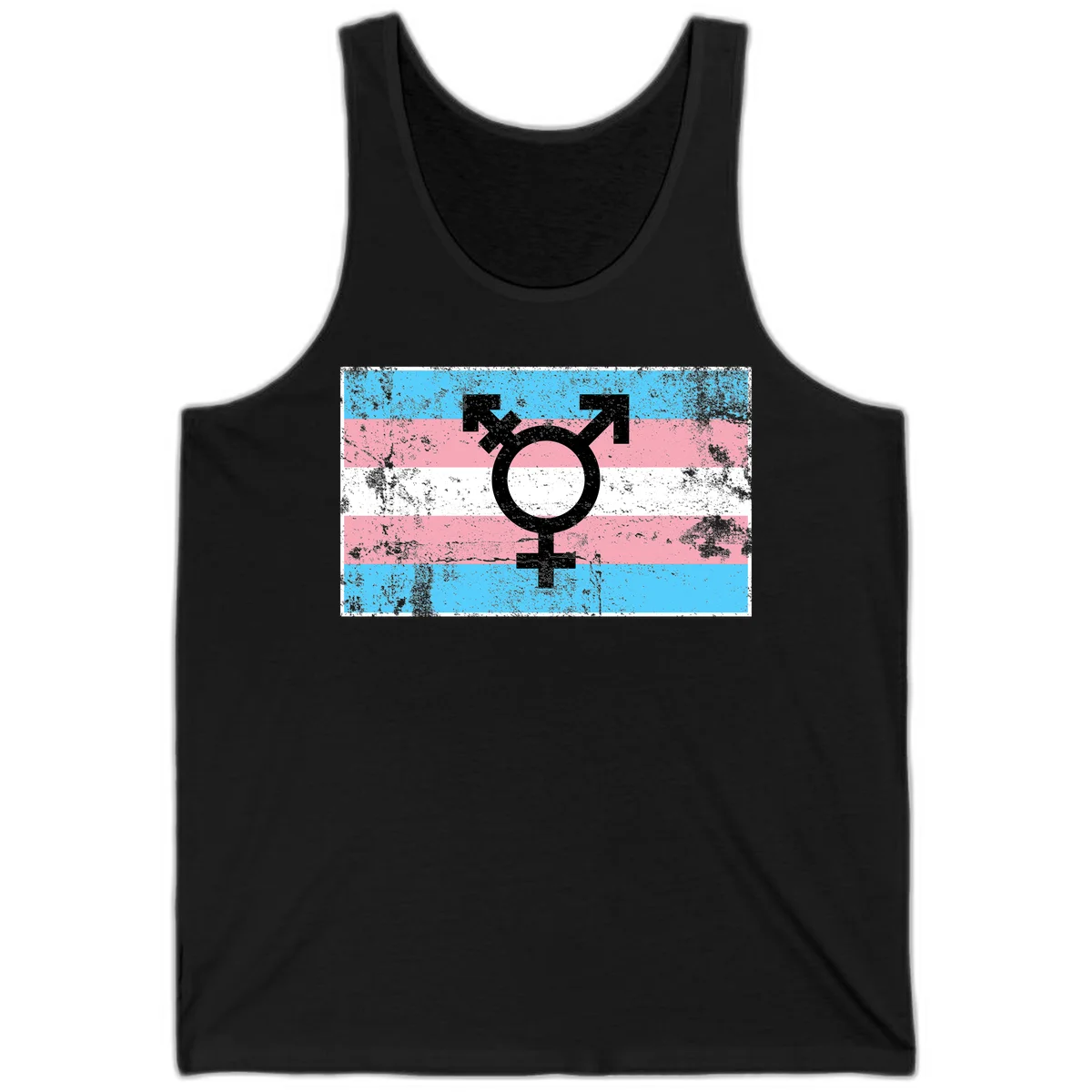 Transgender pride symbol with male and female combined icon on cyan, pink, and white striped distressed flag background in Black
