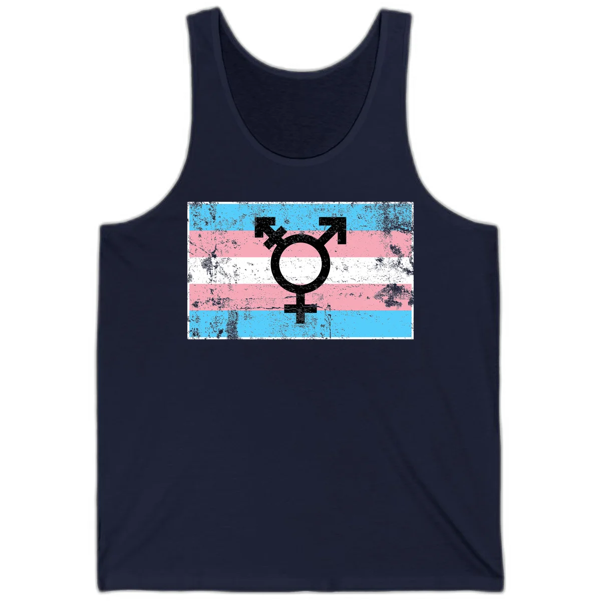 Transgender pride symbol with male and female combined icon on cyan, pink, and white striped distressed flag background in Navy