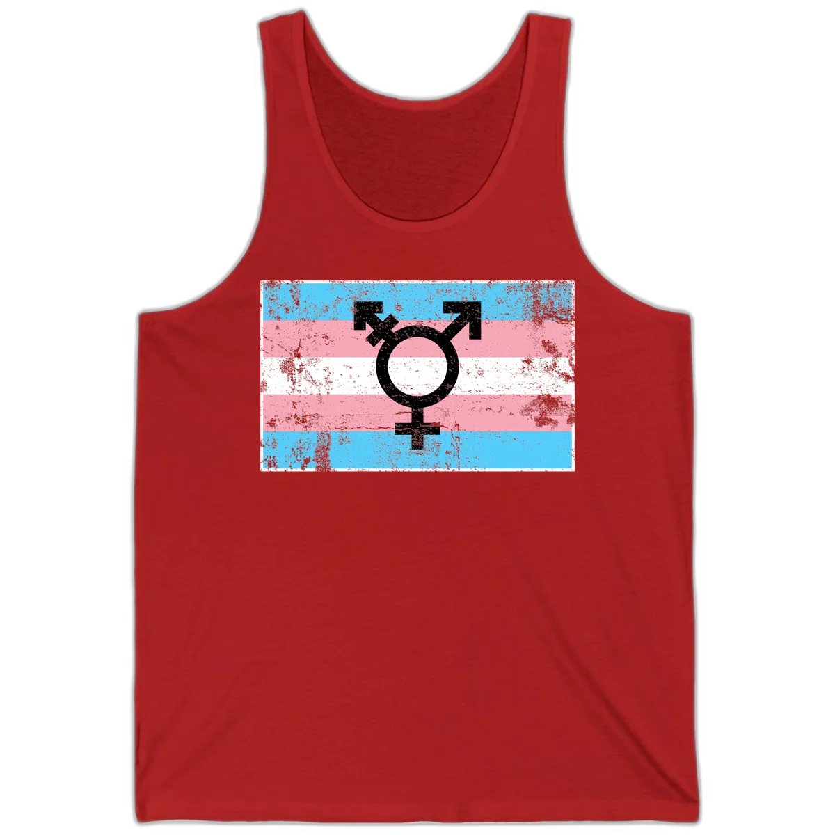 Transgender pride symbol with male and female combined icon on cyan, pink, and white striped distressed flag background in Red