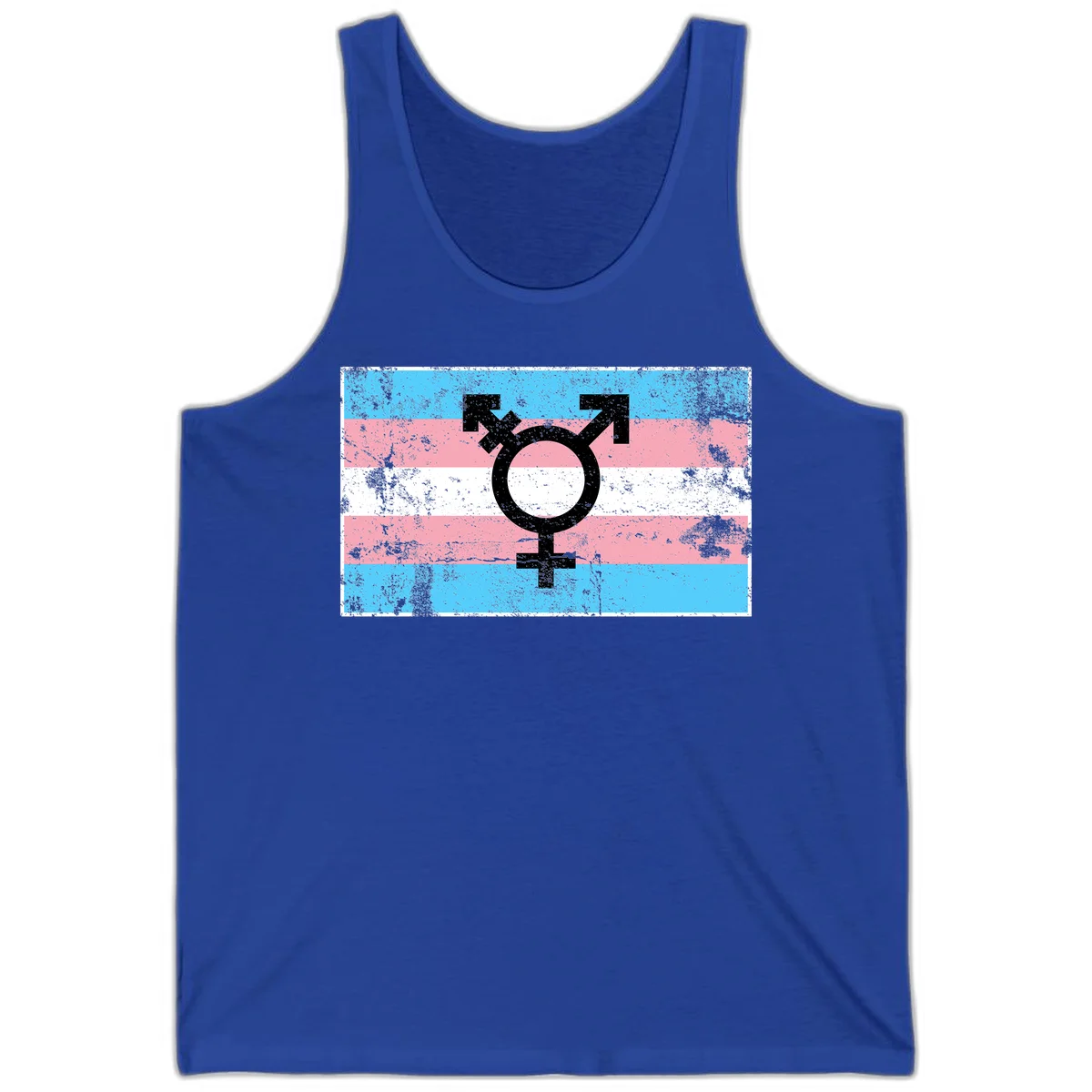 Transgender pride symbol with male and female combined icon on cyan, pink, and white striped distressed flag background in True Royal