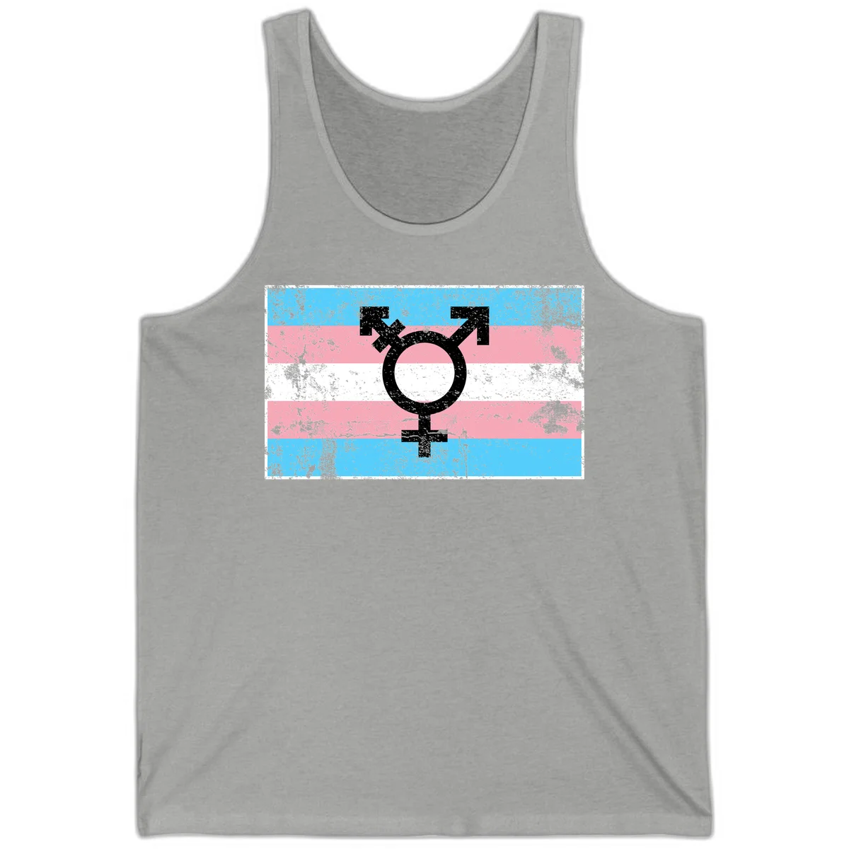 Transgender pride symbol with male and female combined icon on cyan, pink, and white striped distressed flag background in Athletic Heather