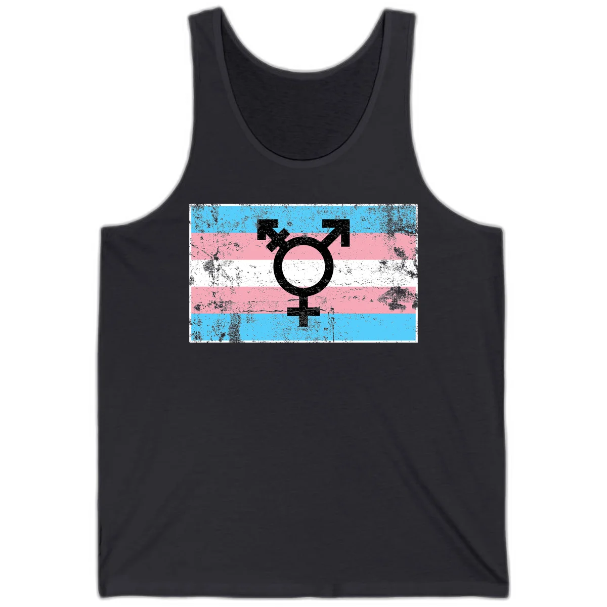 Transgender pride symbol with male and female combined icon on cyan, pink, and white striped distressed flag background in Dark Grey