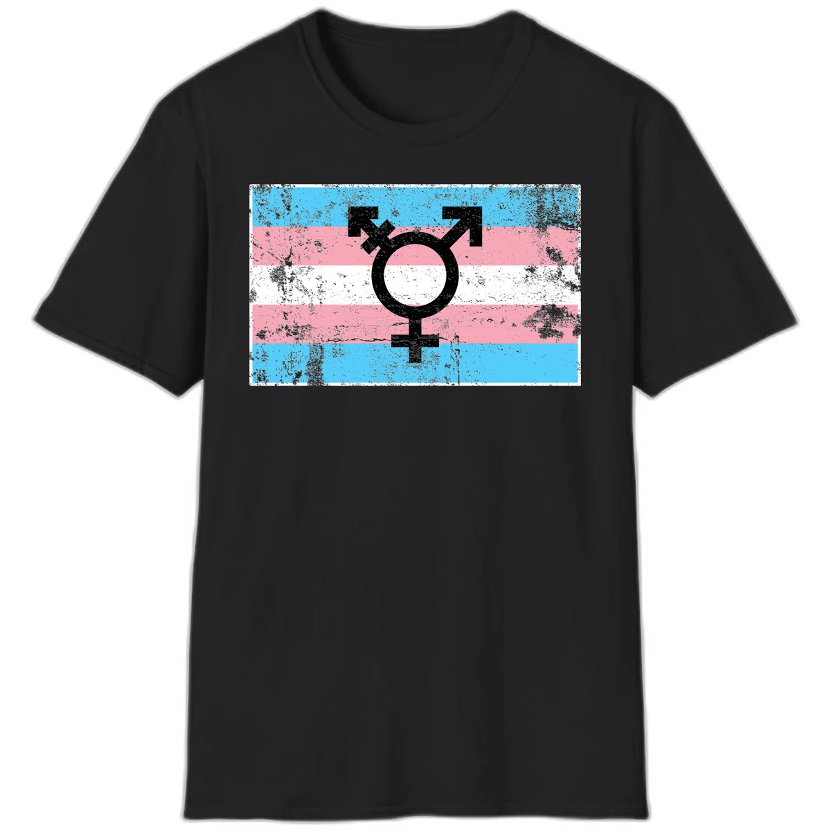 Transgender pride symbol with male and female combined icon on cyan, pink, and white striped distressed flag background in Black