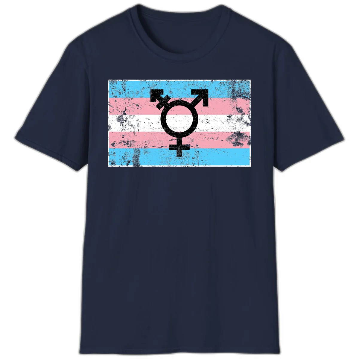 Transgender pride symbol with male and female combined icon on cyan, pink, and white striped distressed flag background in Navy