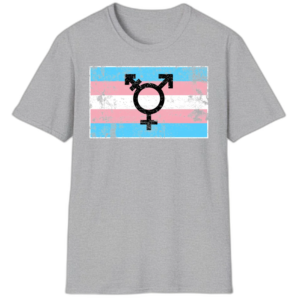 Transgender pride symbol with male and female combined icon on cyan, pink, and white striped distressed flag background in Sport Grey