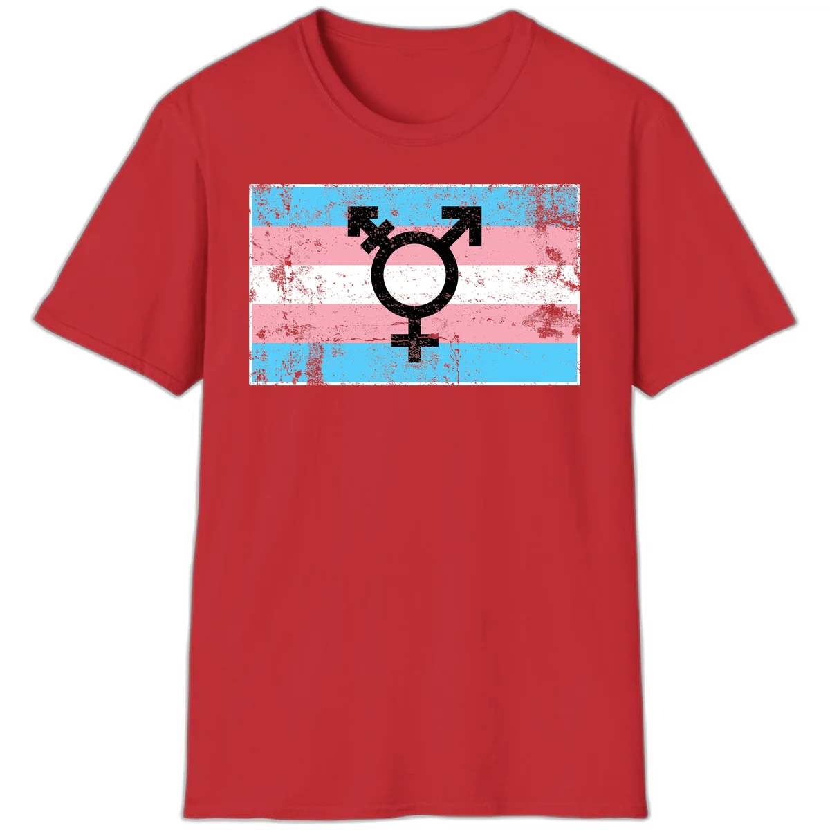 Transgender pride symbol with male and female combined icon on cyan, pink, and white striped distressed flag background in Red