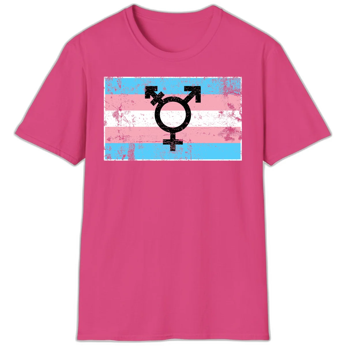Transgender pride symbol with male and female combined icon on cyan, pink, and white striped distressed flag background in Heliconia