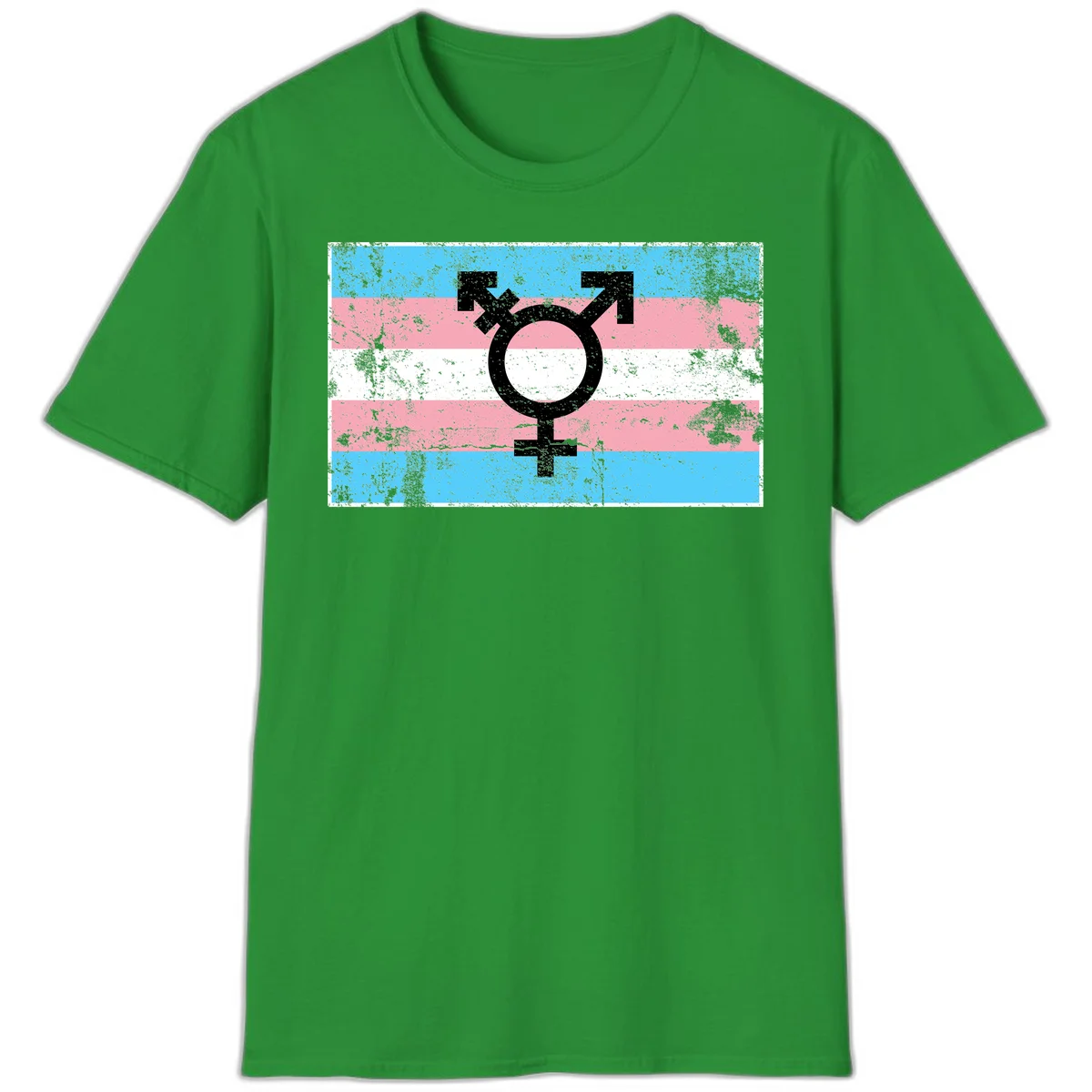 Transgender pride symbol with male and female combined icon on cyan, pink, and white striped distressed flag background in Irish Green